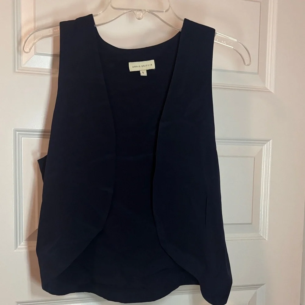 Annie Griffin Navy 100% Silk Open tailored Vest SZ L cropped work wear casual - Picture 1 of 11